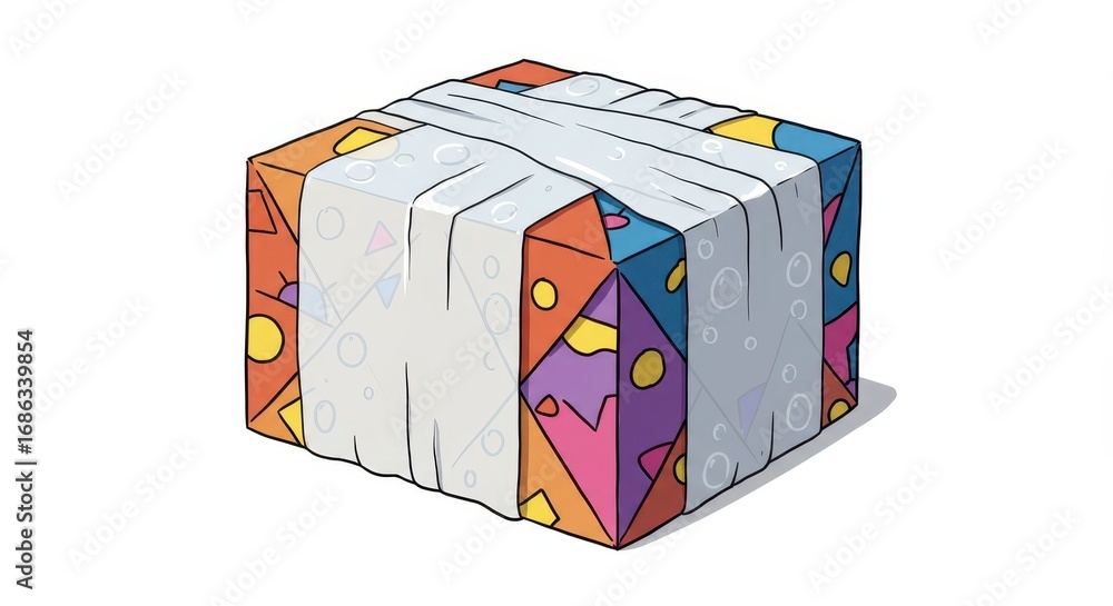 Poster a colorful, wrapped cube-shaped package with a unique geometric pattern is presented against a plain