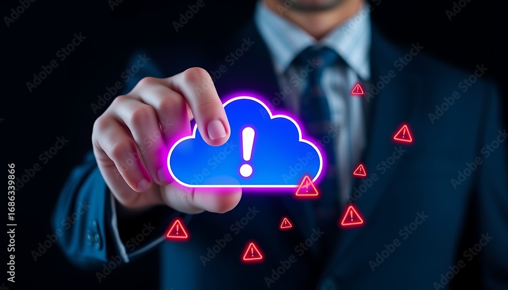 Poster person touching a glowing cloud icon with an exclamation mark and warning symbols cloud computing cy