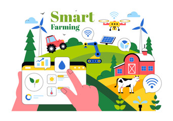 Smart Farming Technology Vector Illustration featuring a Farmer Managing His Industrial Farm Using a Tablet to Control Farming in a Flat Background