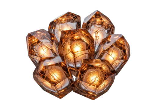 Seven intricately sculpted, prism-like ice shards with deep amber glow and opalescent reflections, isolated on a transparent background with copy space, serene stillness concept of purity and light