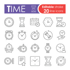 Time and Clock linear icons set with editable stroke