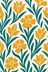 Seamless floral pattern with bold yellow tulip and blossom shapes combined with green leaves on a light background. Modern vector style design suitable for fabric, wallpaper, packaging, stationery,