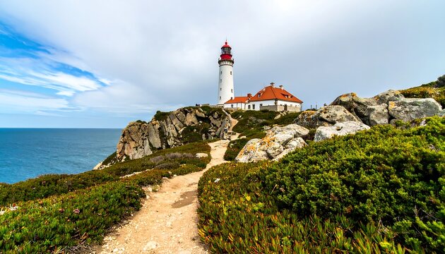 Lighthouse on Coastal Cliff Path