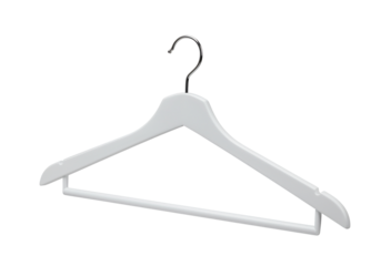 White wooden clothes hanger with metal hook clothing storage closet organization fashion accessory retail display simple design minimalist style isolated on transparent background