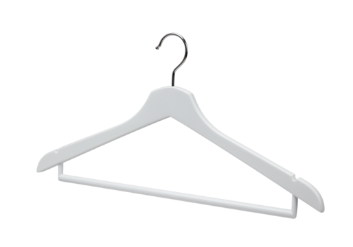 White wooden clothes hanger with metal hook clothing storage closet organization fashion accessory retail display simple design minimalist style isolated on transparent background
