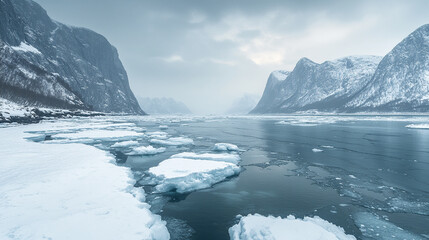Fototapeta premium Arctic coastal landscape with floating icebergs and icy waters. Cold, serene, and pristine polar environment under soft natural light.