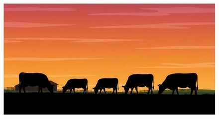 Fototapeta premium Silhouettes of cows grazing in a field at sunset.