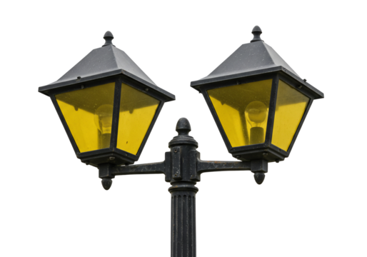 Double lantern streetlight with yellow glass transparent background