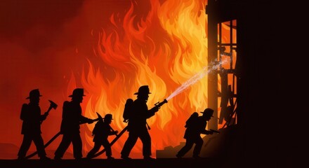Obraz premium Brave firefighters battling a raging inferno, their silhouettes standing strong against the fiery backdrop.