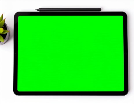A modern graphic drawing tablet with pen, its screen displaying a solid chroma-key green surface—ideal for creative mockups, overlay designs, and digital content compositing