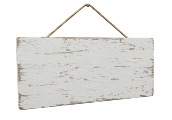 White wooden sign hanging on rope blank template rustic texture advertising mockup