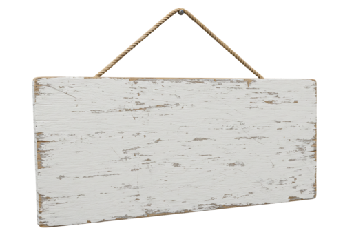 White wooden sign hanging on rope blank template rustic texture advertising mockup