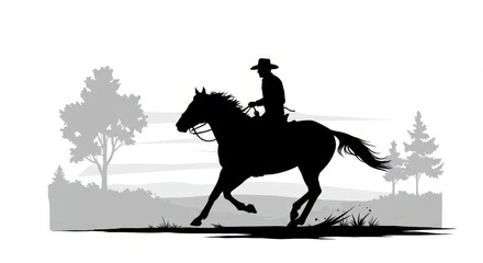 Naklejka premium A silhouette of a cowboy riding a horse across a rural landscape, conveying a sense of freedom and the spirit of the west.