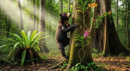 Naklejka na ściany i meble Sun Bear Climbing a Tree in Lush Tropical Rainforest, Borneo, Malaysia