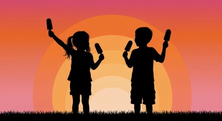 Obraz premium Two children, silhouetted against a vibrant sunset, hold ice cream treats, showcasing a joyful summer scene.