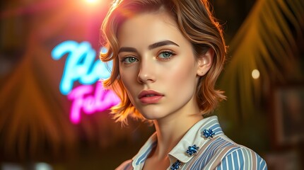 High-Fashion Portrait of a Woman with a Semi-Sheer Off-White Blouse and Short Light Brown Wavy Hair