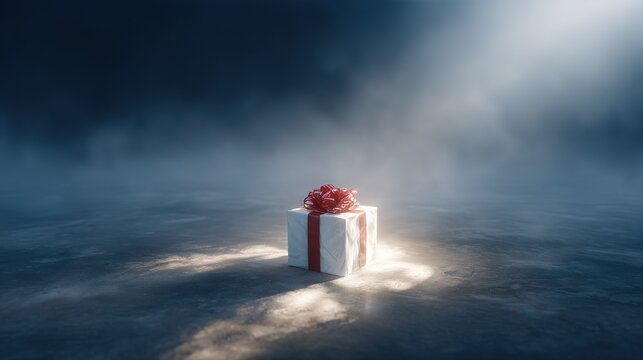 solitary white gift box with red ribbon and bow sits illuminated on dark misty floor - Powered by Adobe