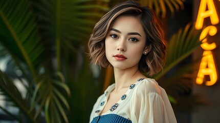 High-Fashion Portrait of a Woman with a Semi-Sheer Off-White Blouse and Short Light Brown Wavy Hair