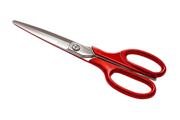 Red-handled scissors, stainless steel blades, angled view