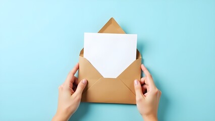 Fototapeta premium Two hands holding a brown kraft paper envelope, a crisp white card with a sharp corner peeks out. This scene evokes anticipation, as if a message, invitation, or heartfelt note is about to be shared.