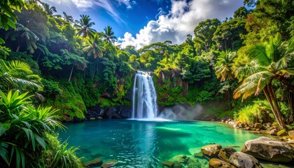 Beautiful natural waterfall surrounded by lush greenery