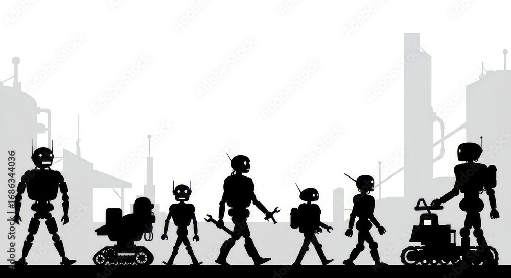 Poster silhouette illustration of various robots of different sizes walking in a futuristic industrial sett