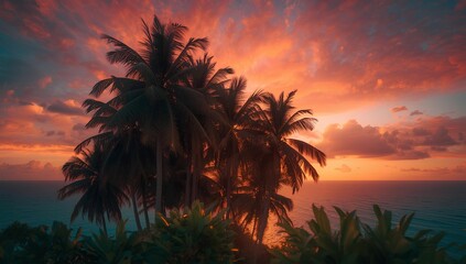 Golden sun setting over the tropical sea, silhouetting palm trees against a vibrant sky