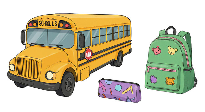 School bus backpack pencil case cartoon illustration