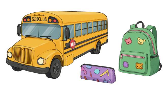 School bus backpack pencil case cartoon illustration
