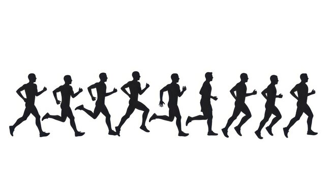Silhouette illustration of several individuals in various running postures against a plain background.