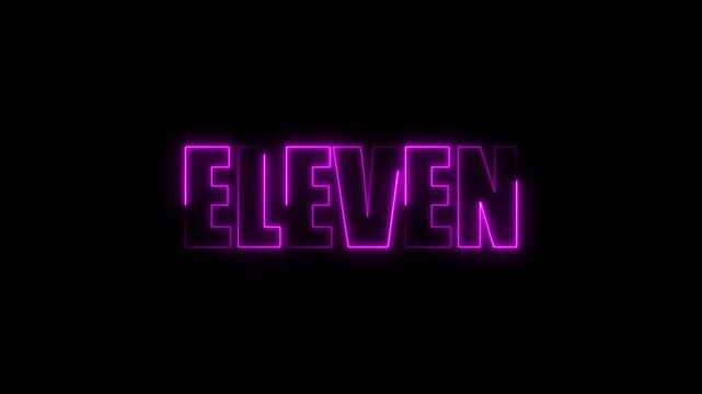 Animation of neon number eleven with neon outline and isolated glow on black background. glowing neon number 11. 4k video.