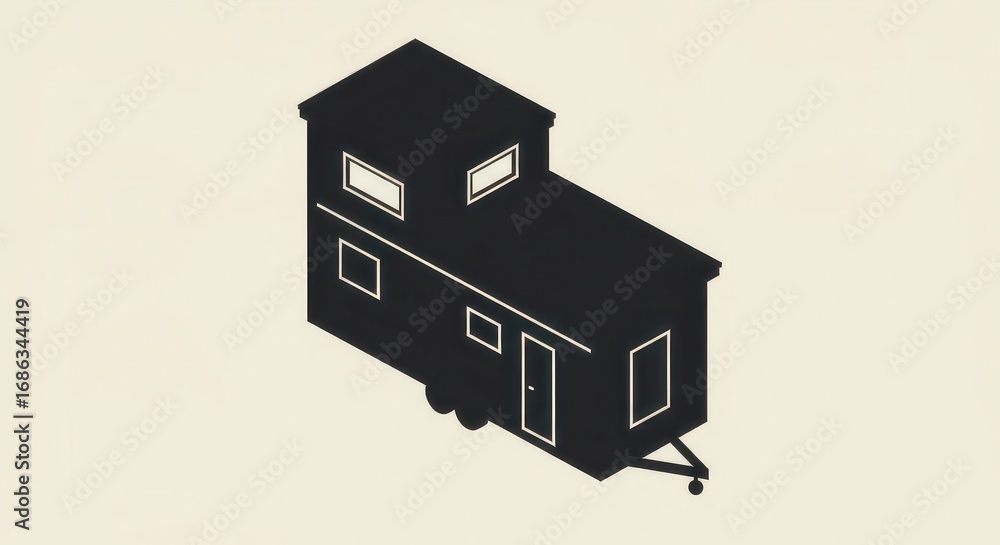 Poster simple, isometric rendering of a small, two-story tiny house on wheels, highlighted by clean lines a