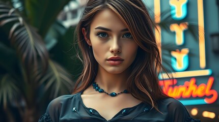 Fashionable Woman with Wavy Hair and a Semi-Sheer Blue Blouse