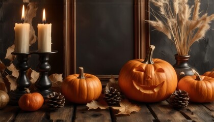 Obraz premium Festive Autumn Pumpkin Display with Candles and Natural Decor