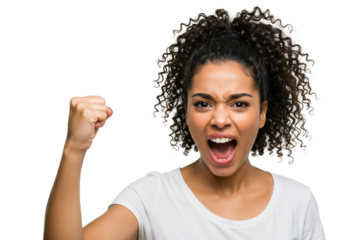 Woman with curly hair showing strength and anger