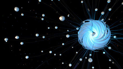 Abstract futuristic design with glowing spheres and network connections on black background