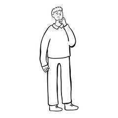 Man standing with a troubled expression. Man thinking. Pensive man. Troubled thought. Confused person. Hand drawn doodle people illustration.