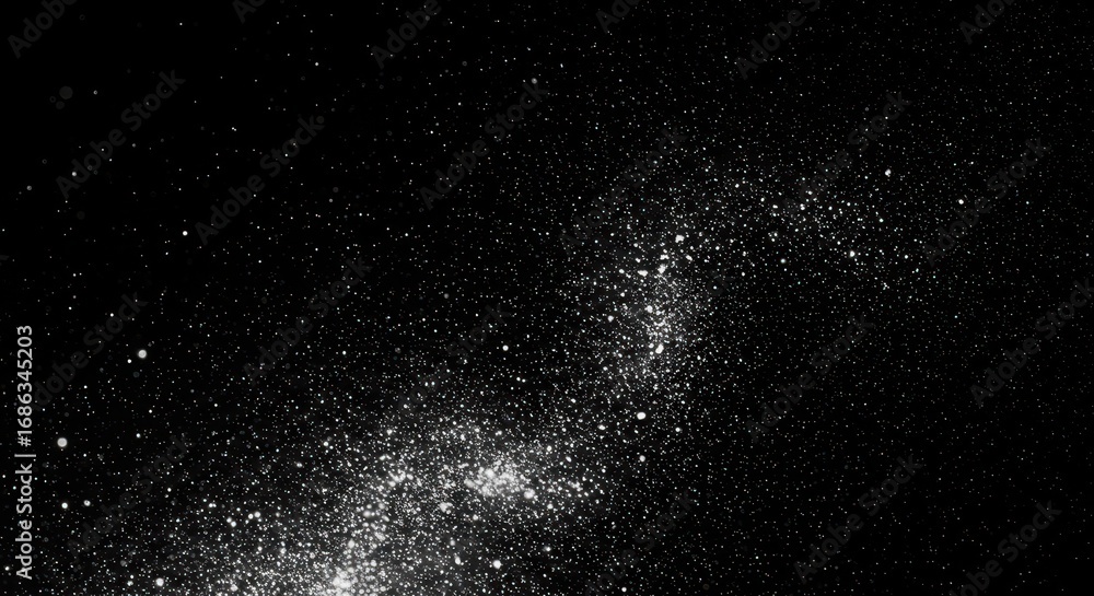 Poster a captivating display of scattered, glistening particles against a deep black background, showcasing