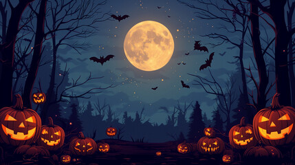 Fototapeta premium Halloween Graveyard Background with Pumpkins and Bats, Cartoon Illustration, 16:9 Banner