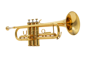 Golden trumpet musical instrument shiny brass wind section studio shot isolated on transparent background