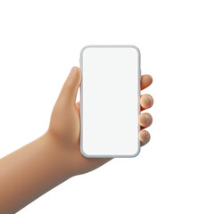 3D Render Hand Holding White Smartphone Isolated on Transparent Background