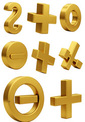 3D Render Golden Mathematical Signs Isolated on Transparent Background Illustration
