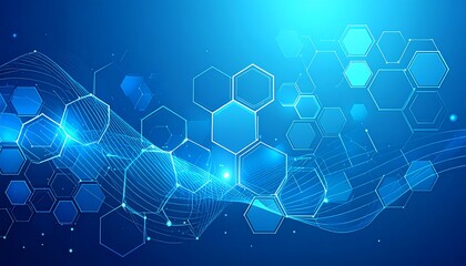Fototapeta premium Abstract digital design featuring a network of interconnected hexagons and flowing lines, creating a futuristic and technological scene in cool blue tones.