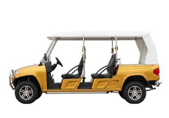 Gold six seater utility vehicle side view transparent background