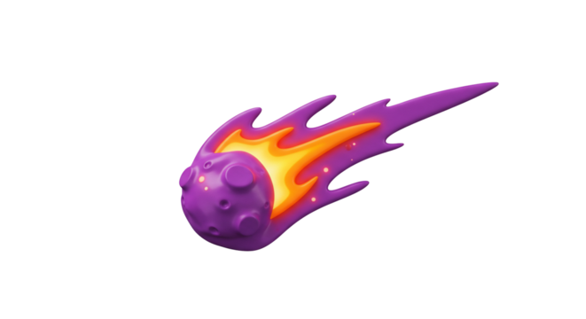 Purple meteoroid with orange flames 3 d render transparent background