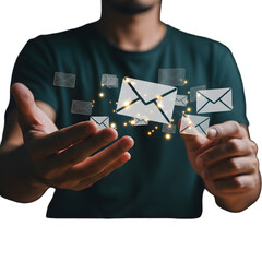 3D Render Illustration of Hand Holding Glowing Email Icons on Transparent Background