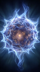 Bright glowing abstract blue energy orb composed of cosmic particles. 3D energy waves form a spherical structure, symbolizing futuristic technology, power, and science concepts in space.