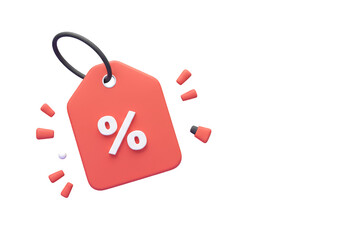 3D Render Illustration Of Red Discount Tag With Percentage Symbol On Transparent Background