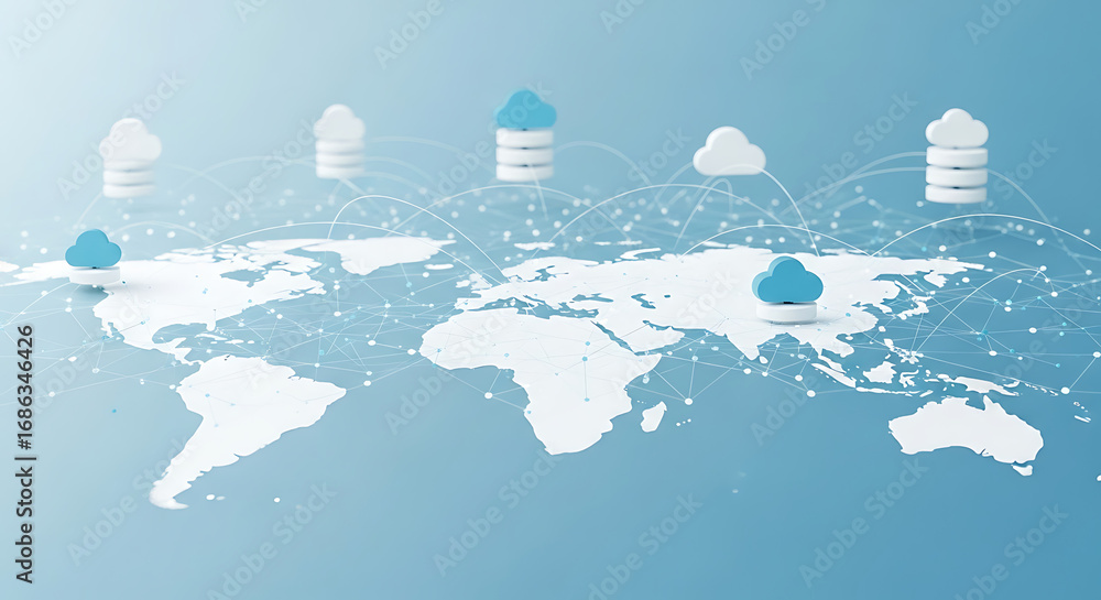 Aufkleber world map with cloud icons and server icons connected by lines on a light blue background