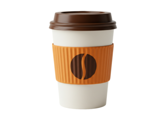 Coffee cup with orange sleeve and coffee bean logo on transparent background